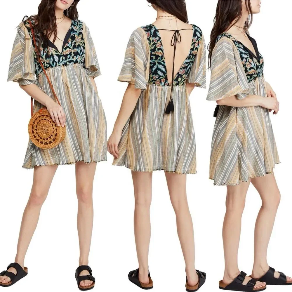 Free People Under The Sun Tunic Top Size S Women Boho Chic Flowy Tie Back Summer